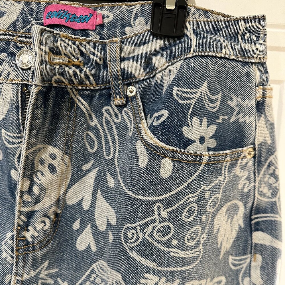 Edikted Cropped Denim Jacket & Malia Printed Wide Leg Jeans Streetwear - Picture 14 of 16